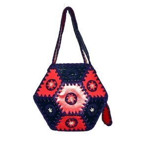 Vtg 1970s Boho Purse Crochet Hexagon Patchwork Leather Handbag Hippie Red Blue